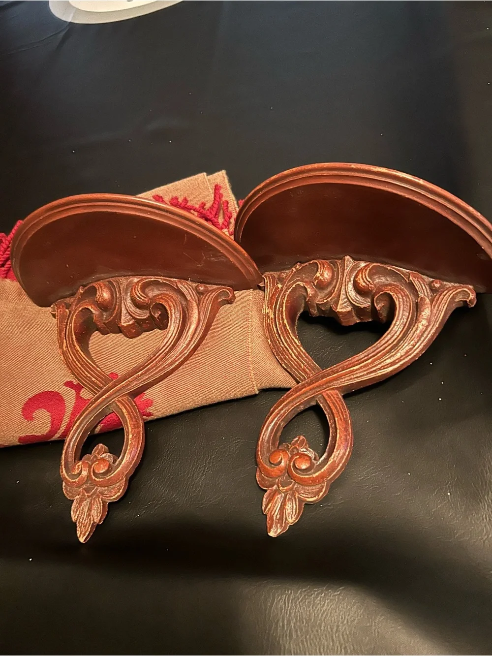 Pair mid-century Syroco wood shelves with plate groove